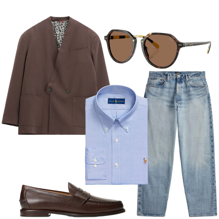 Outfit uomo - Stile elegante. Stile Urban per Tutti i giorni. Abbinamento con giacche, camicie, occhiali da sole, scarpe stringate, jeans.