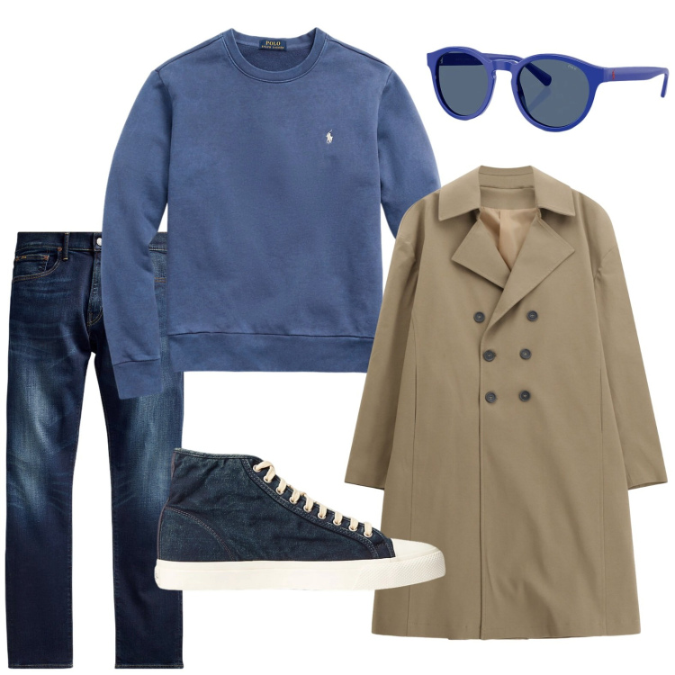 Outfit uomo - Il cappotto doppiopetto. Stile Trendy per Tutti i giorni. Abbinamento con trench, sneakers, jeans, felpe, occhiali da sole.
