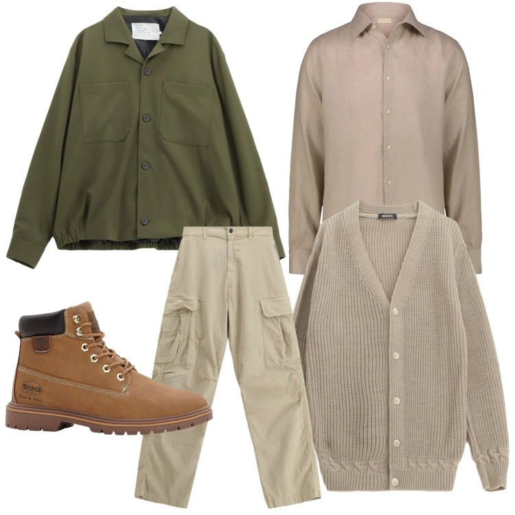 Outfit uomo - Febbraio a strati. Stile Casual per Tutti i giorni. Abbinamento con stivali e stivaletti, cappotti, cardigans, pantaloni cargo, camicie.