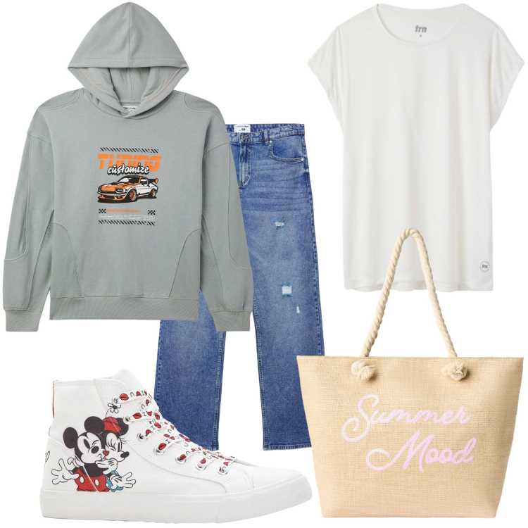 Outfit donna - Jeans e felpa. Stile Casual per Tutti i giorni. Abbinamento con sneakers alte, borse tote, jeans strappati, felpe sportive, t-shirt sportive.