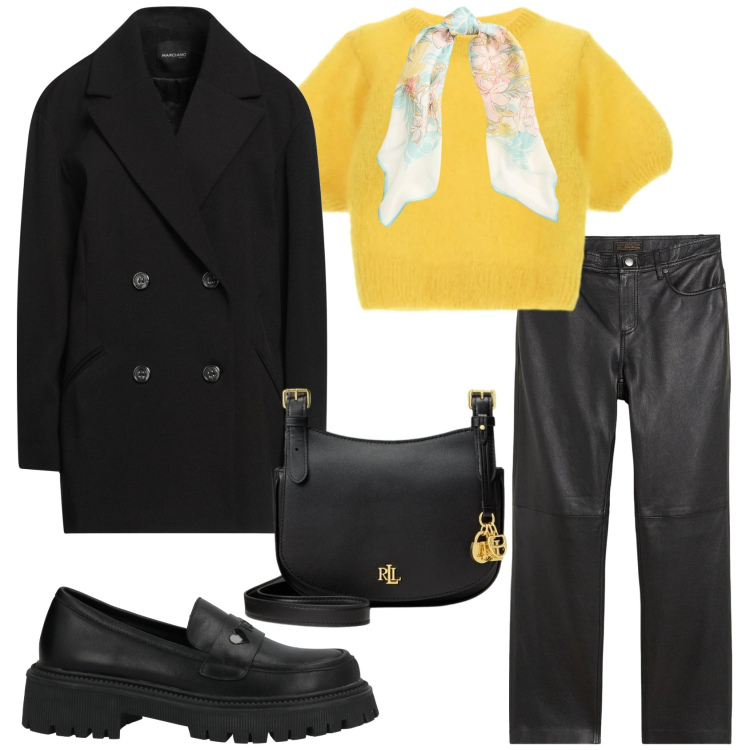 Outfit donna - Total look #2330736. Stile Trendy per Tutti i giorni. Abbinamento con pantaloni, cappotti, mocassini, t-shirt, borse a tracolla, foulard.