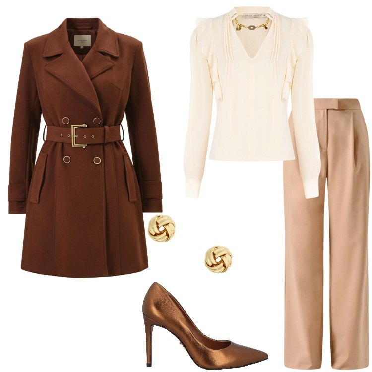 Outfit donna - Total look #2330738. Stile Chic per Cerimonia. Abbinamento con décolleté, pantaloni, bluse, trench, orecchini.