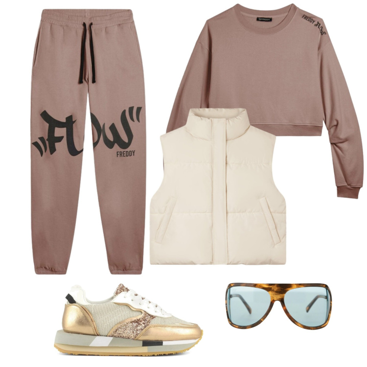 Outfit donna - Freddo Freddy. Stile Sporty chic per Tutti i giorni. Abbinamento con piumini, occhiali da sole, pantaloni, felpe, sneakers.