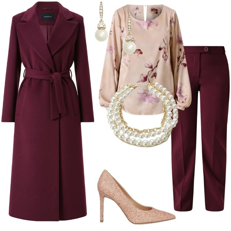 Outfit donna - Total look #2330741. Stile Glamour per Cerimonia. Abbinamento con décolleté, collane, cappotti, bluse, pantaloni, orecchini.