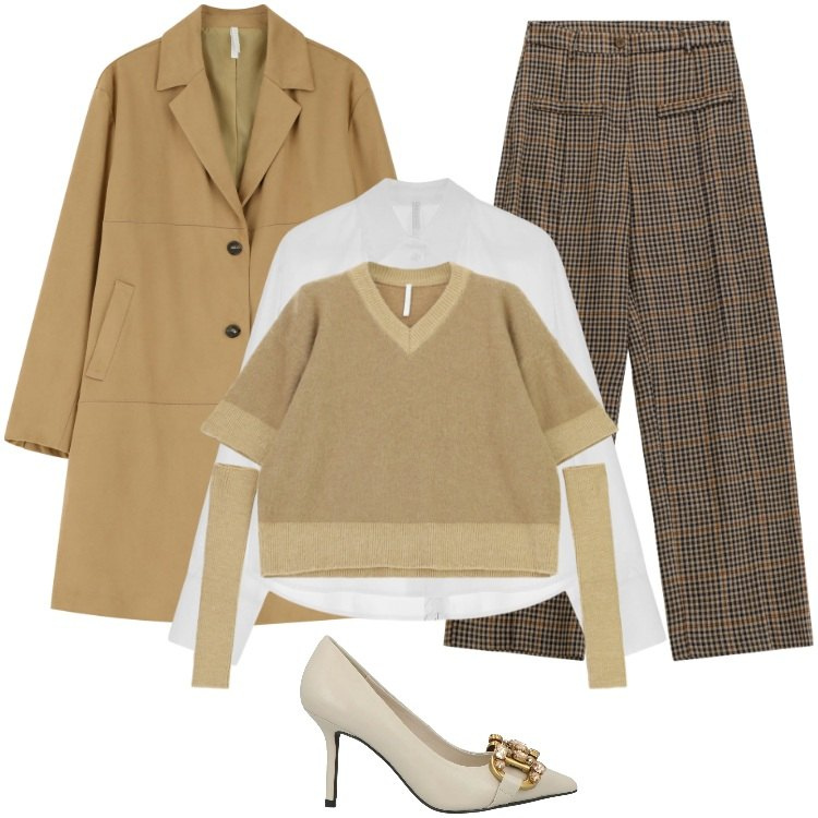 Outfit donna - Total look #2330745. Stile Casual chic per Ufficio. Abbinamento con décolleté, pantaloni a palazzo, maglieria, cappotti, camicie.