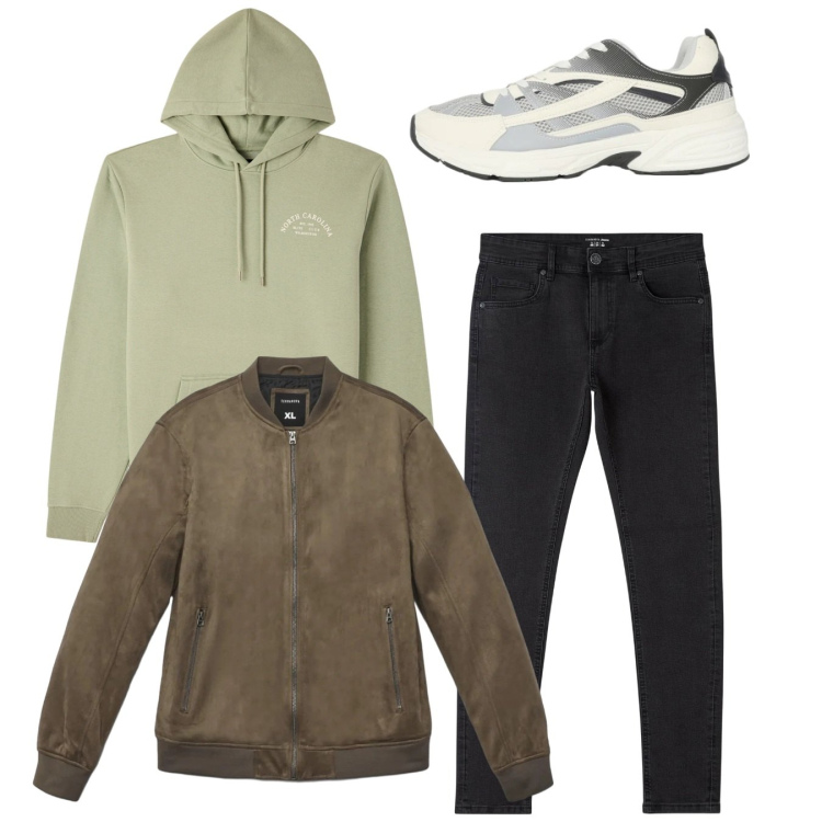 Outfit uomo - Total look. Stile Casual per Tutti i giorni. Abbinamento con jeans skinny, giacche, felpe con cappuccio, sneakers.