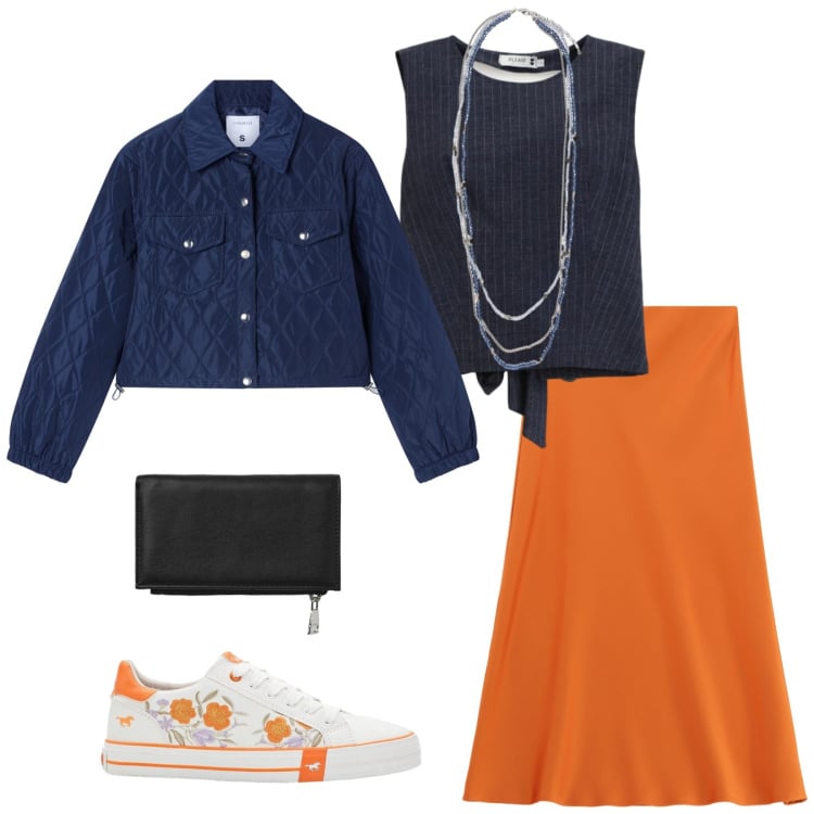 Outfit donna - Total look #2330747. Stile Casual chic per Tutti i giorni. Abbinamento con sneakers, gonne longuette, giacche, portafogli, top, collane.