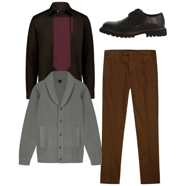 Outfit uomo - Total stringate. Stile Trendy per Serata speciale. Abbinamento con scarpe stringate, pantaloni, cravatte, camicie, cardigans.