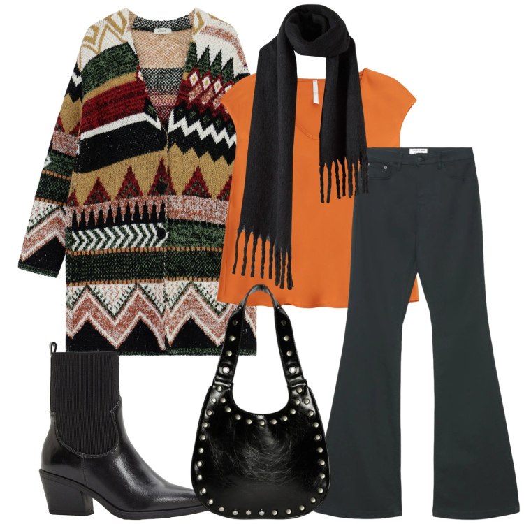 Outfit donna - Total look #2330755. Stile Boho per Tutti i giorni. Abbinamento con sciarpe, stivaletti texani, jeans a zampa, top, cappotti, borse a spalla.