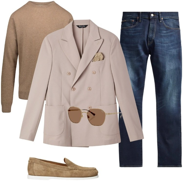 Outfit uomo - Total look #2330756. Stile Casual per Mare. Abbinamento con giacche, jeans, scarpe stringate, occhiali da sole, maglieria.