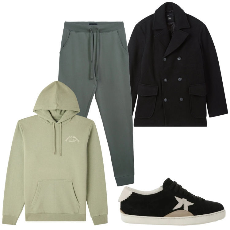 Outfit uomo - Il pomeriggio. Stile Casual per Tutti i giorni. Abbinamento con pantaloni, felpe con cappuccio, caban, sneakers.