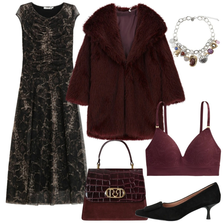 Outfit donna - San Valentino curvy mood. Stile Chic per Serata fuori. Abbinamento con décolleté, ecopellicce, braccialetti con ciondoli, borse a mano, vestiti lunghi, reggiseni.
