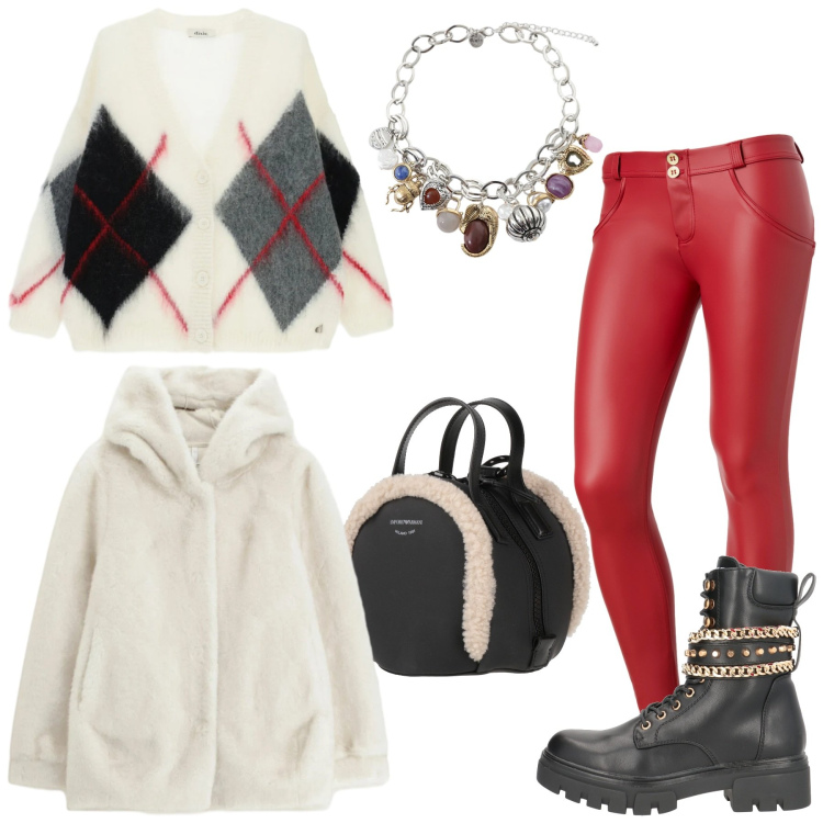 Outfit donna - Il pomeriggio in città. Stile Casual per Tutti i giorni. Abbinamento con zaini, anfibi, ecopellicce, pantaloni skinny, braccialetti con ciondoli, cardigans.