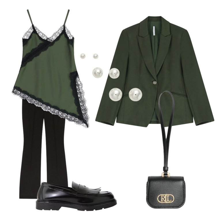 Outfit donna - Il top col pizzo. Stile Casual chic per Serata fuori. Abbinamento con blazer, canottiere, mocassini, orecchini, pochette, pantaloni.