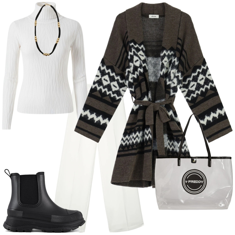 Outfit donna - San Valentino curvy. Stile Casual chic per Tutti i giorni. Abbinamento con pantaloni, collane, maglieria, shopping bag, cappotti, stivali.