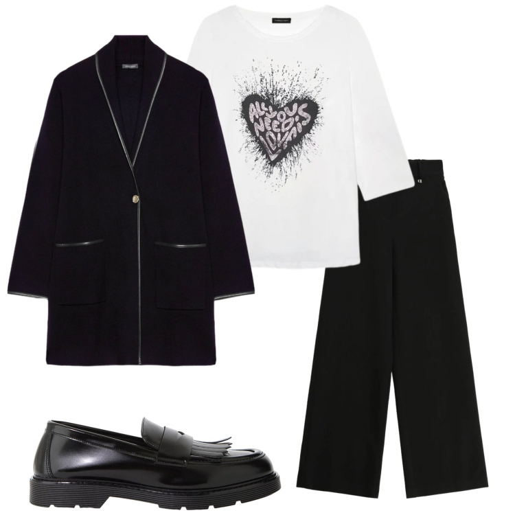 Outfit donna - San Valentino curvy. Stile Casual chic per Tutti i giorni. Abbinamento con mocassini, pantaloni a palazzo, cardigans, t-shirt.