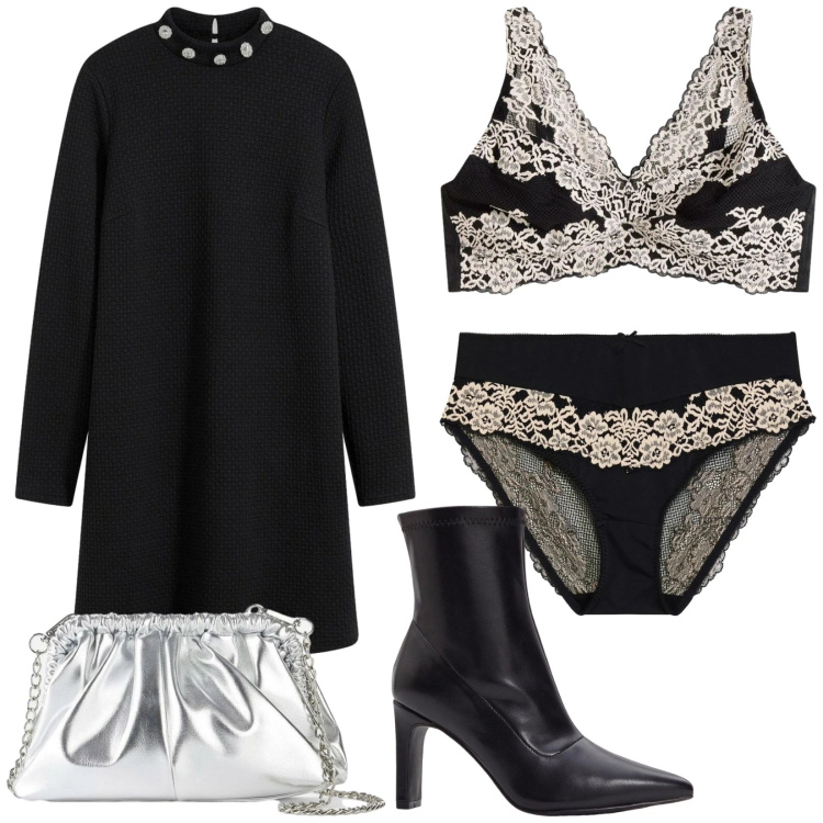 Outfit donna - Total look #2330773. Stile Chic per Serata fuori. Abbinamento con vestiti corti, stivaletti, culotte, borse a tracolla, reggiseni.