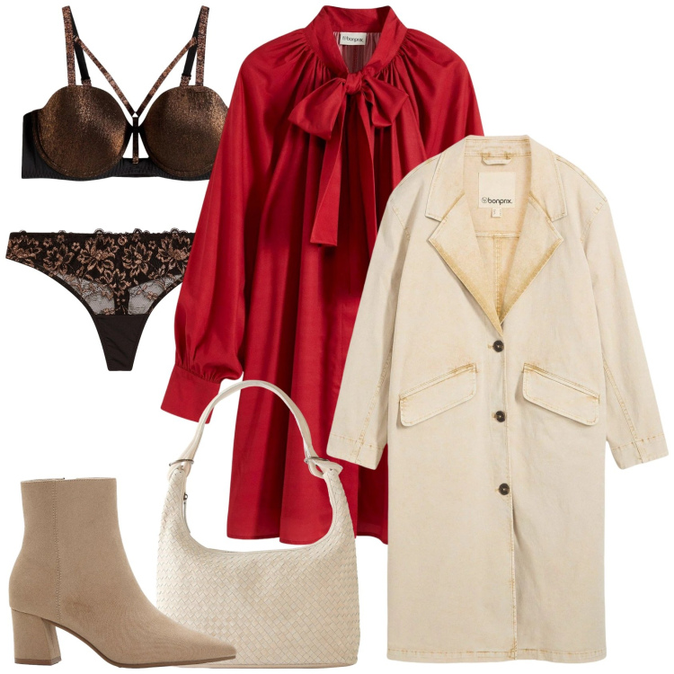 Outfit donna - Segreto prezioso. Stile Romantica per Serata fuori. Abbinamento con vestiti, trench, shopping bag, stivaletti, reggiseni a balconcino, perizomi.
