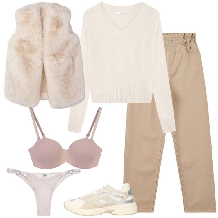 Outfit donna - Coordinato. Stile Casual per Tutti i giorni. Abbinamento con pantaloni, reggiseni, maglieria, piumini, sneakers, perizomi.