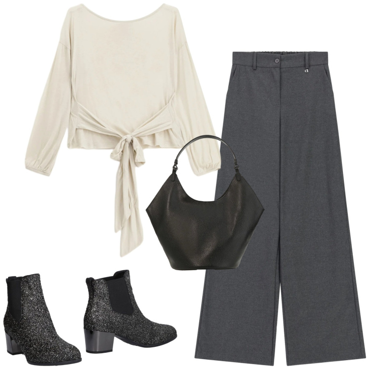 Outfit donna - Febbraio. Stile Urban per Tutti i giorni. Abbinamento con stivaletti chelsea, pantaloni a palazzo, top, borse a spalla.