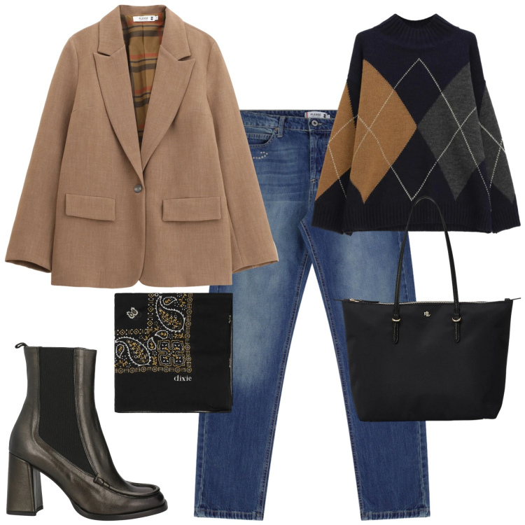Outfit donna - Febbraio casual chic. Stile Casual chic per Tutti i giorni. Abbinamento con stivaletti chelsea, pullovers, foulard, blazer, jeans dritti, borse tote.