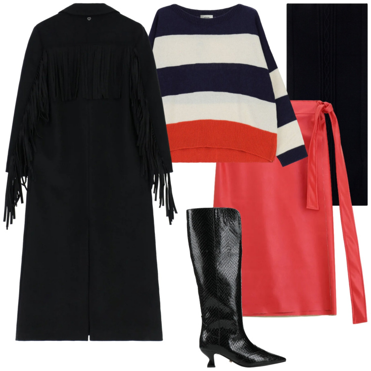 Outfit donna - San Valentino curvy. Stile Casual chic per Serata fuori. Abbinamento con stivali, cappotti, sciarpe, gonne longuette, maglieria.