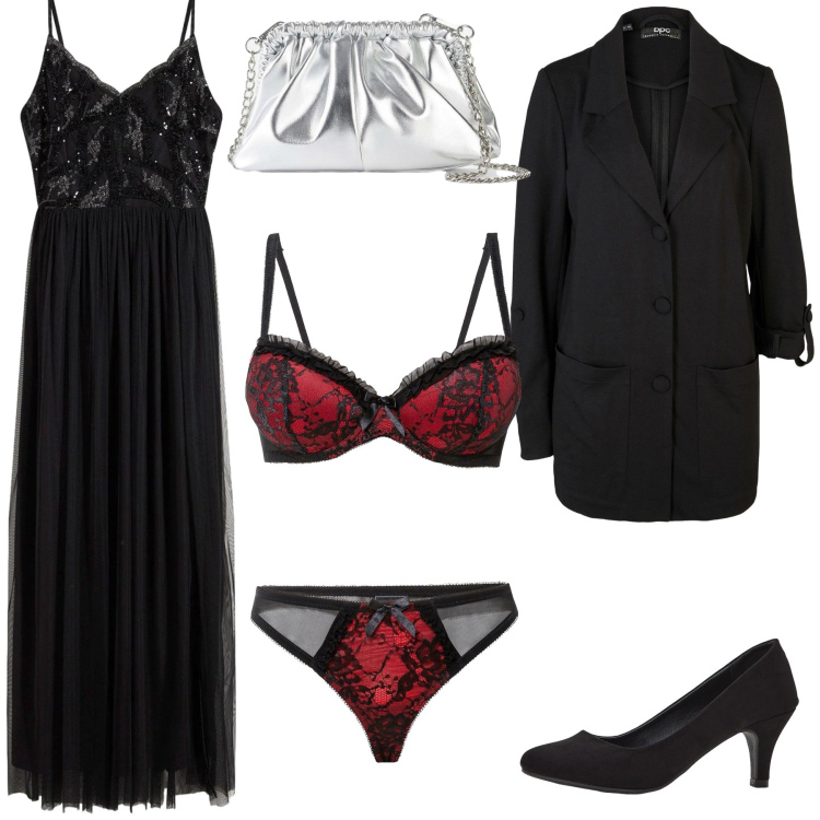 Outfit donna - Red Passion & Midnight Chic. Stile Romantica per Serata fuori. Abbinamento con décolleté, blazer, borse a tracolla, reggiseni, vestiti.