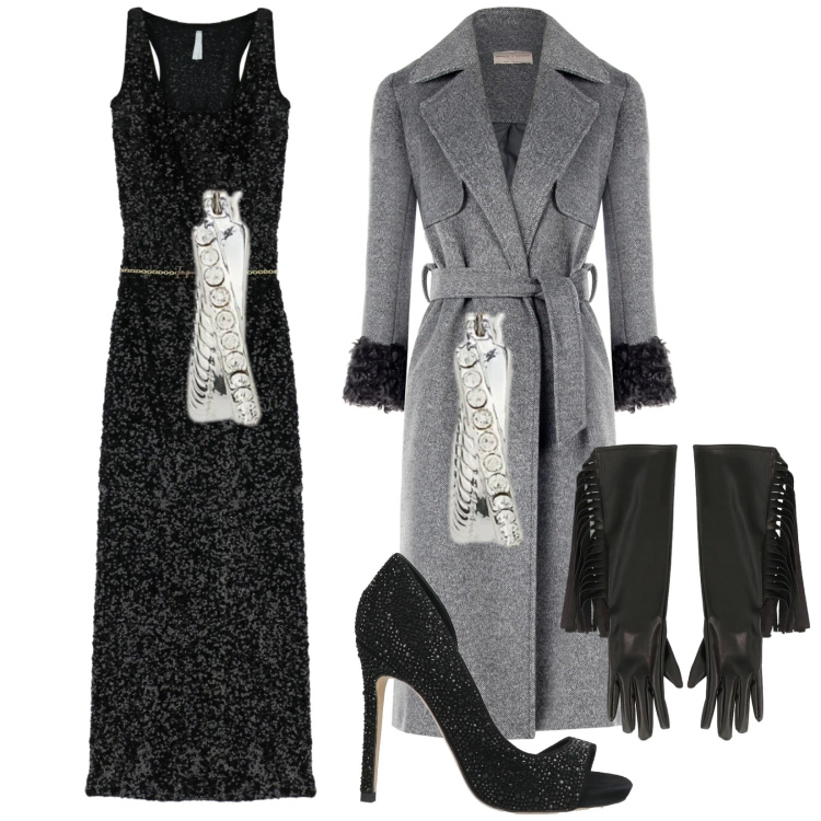Outfit donna - Glitter. Stile Glamour per Serata fuori. Abbinamento con décolleté, vestiti lunghi, cappotti, guanti, orecchini.