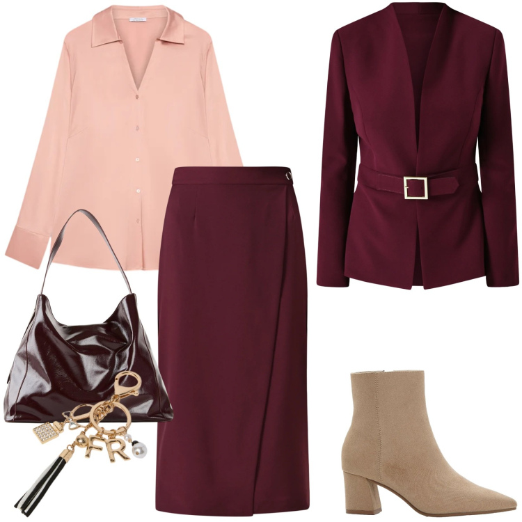 Outfit donna - Total look #2330813. Stile Chic per Tutti i giorni. Abbinamento con stivaletti, shopping bag, gonne, blazer, camicie, portachiavi.