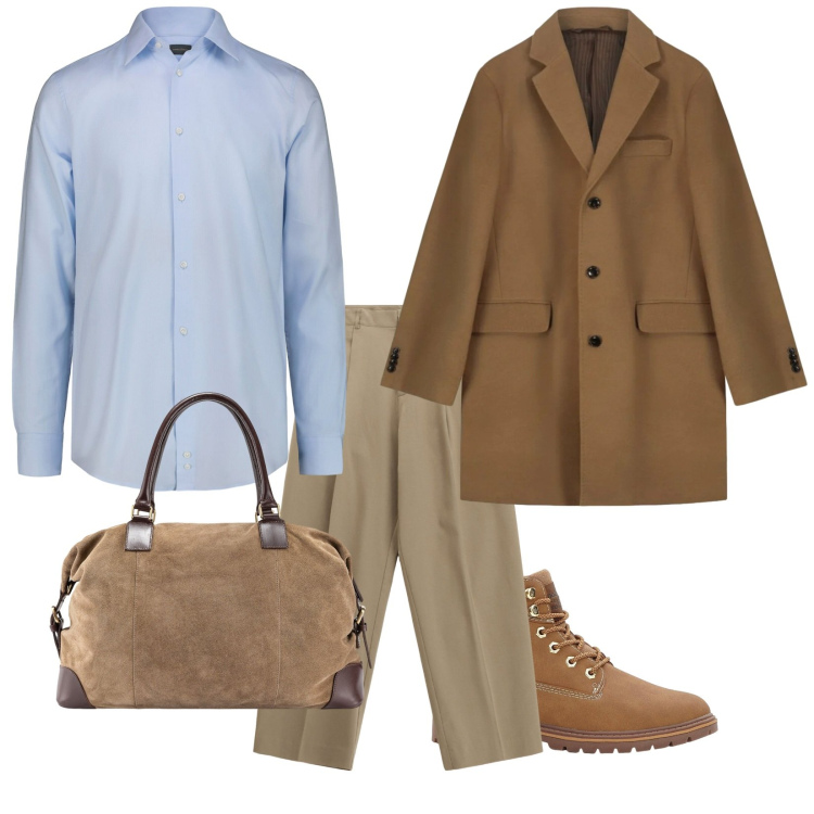 Outfit uomo - (tranne le scarpe). Stile Trendy per Ufficio. Abbinamento con stivali e stivaletti, pantaloni, borse sportive, camicie, cappotti.