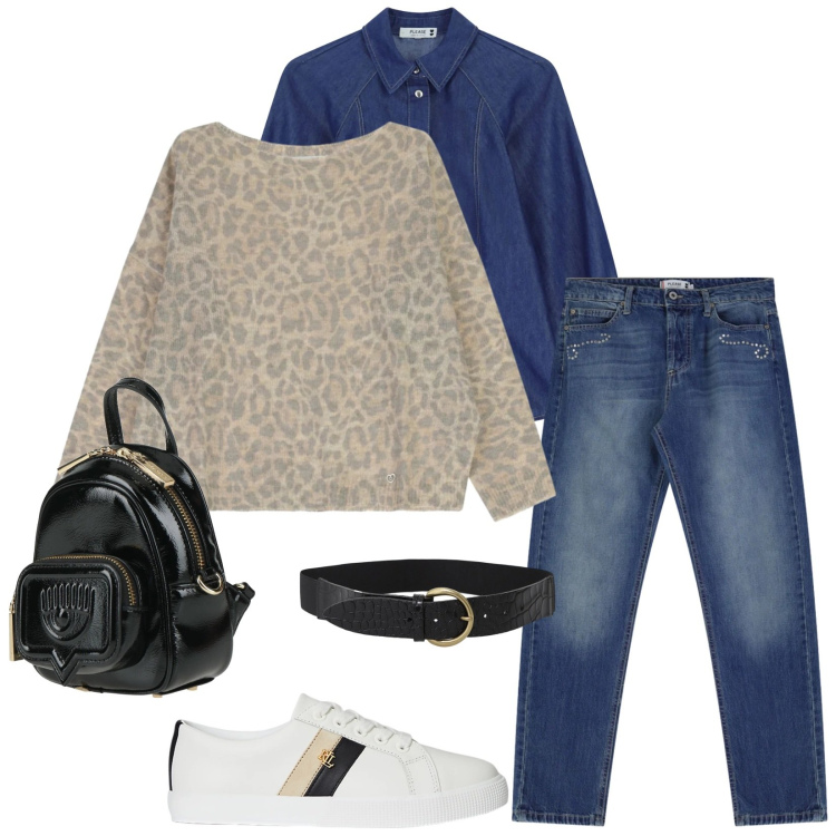 Outfit donna - Total look #2330821. Stile Basic per Tutti i giorni. Abbinamento con zaini, maglieria, camicie, jeans dritti, cinture, sneakers.