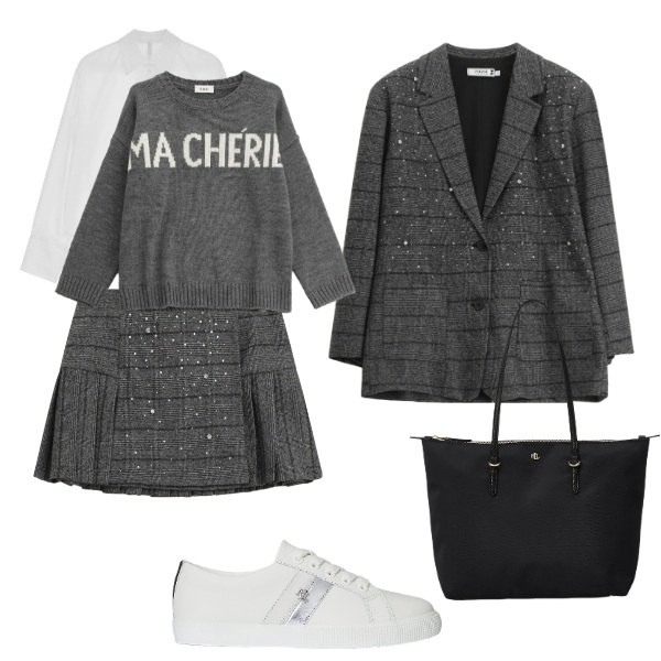 Outfit donna - giornata piena. Stile Casual chic per Ufficio. Abbinamento con blazer, minigonne, camicie, maglieria, borse tote, sneakers.