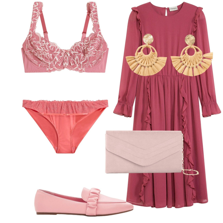 Outfit donna - San Valentino in rosa. Stile Romantica per Tutti i giorni. Abbinamento con vestiti, orecchini, culotte, reggiseni, pochette, mocassini.