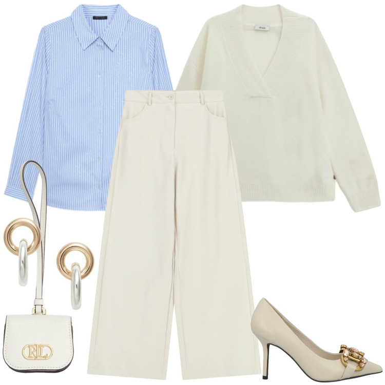 Outfit donna - Total look #2330830. Stile Casual chic per Ufficio. Abbinamento con décolleté, pantaloni a palazzo, maglieria, orecchini, pochette, camicie.