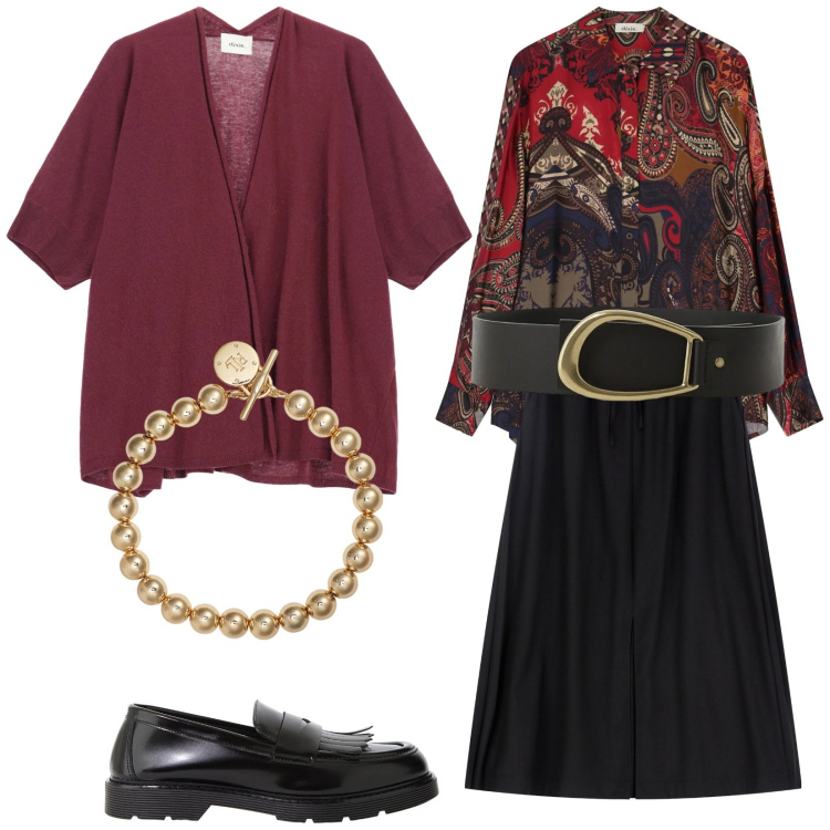 Outfit donna - Total look #2330831. Stile Trendy per Ufficio. Abbinamento con gonne longuette, mocassini, cardigans, camicie, cinture, braccialetti.