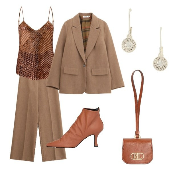 Outfit donna - la cresima di Clelia. Stile Casual chic per Cerimonia. Abbinamento con stivaletti, blazer, pantaloni, canottiere, pochette, orecchini.