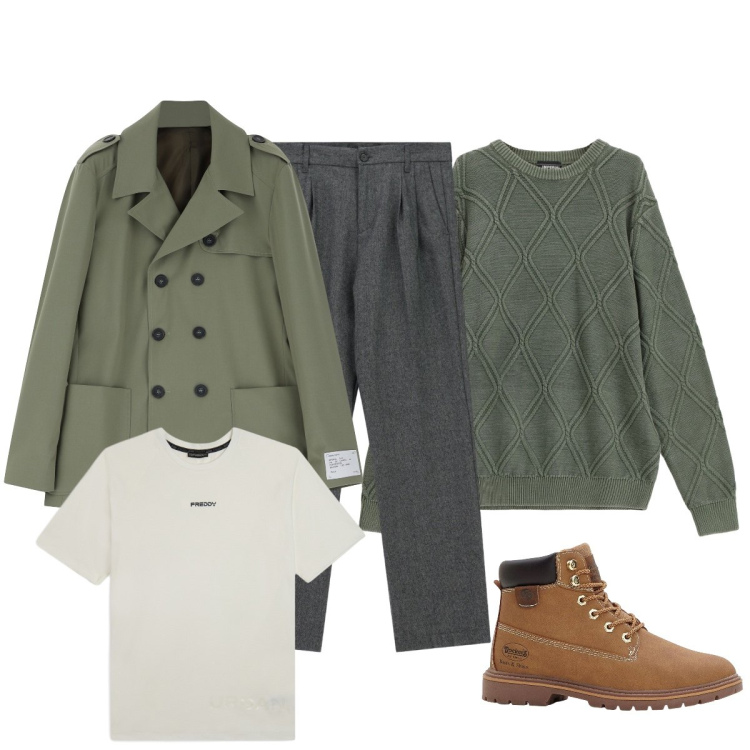 Outfit uomo - Layering sotto la neve. Stile Trendy per Tutti i giorni. Abbinamento con stivali e stivaletti, giacche, maglieria, pantaloni, t-shirt.