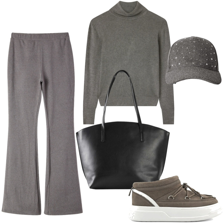 Outfit donna - Le tue giornate in montagna. Stile Basic per Tutti i giorni. Abbinamento con shopping bag, cappelli con visiera, maglieria, pantaloni, stivaletti.
