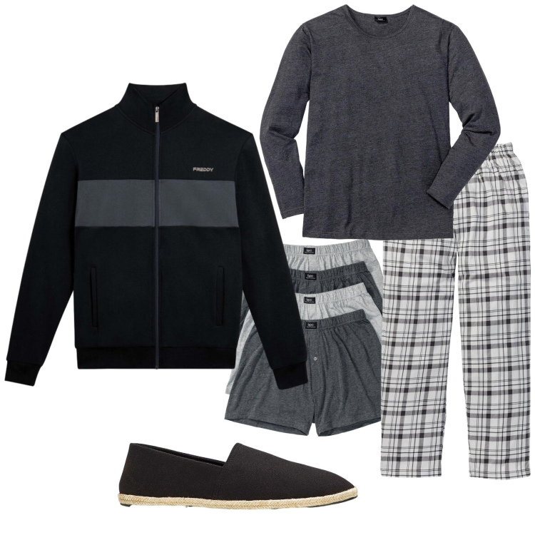 Outfit uomo - Un film e poi a letto. Stile Casual per Tutti i giorni. Abbinamento con espadrillas, abbigliamento da notte, boxer, felpe.