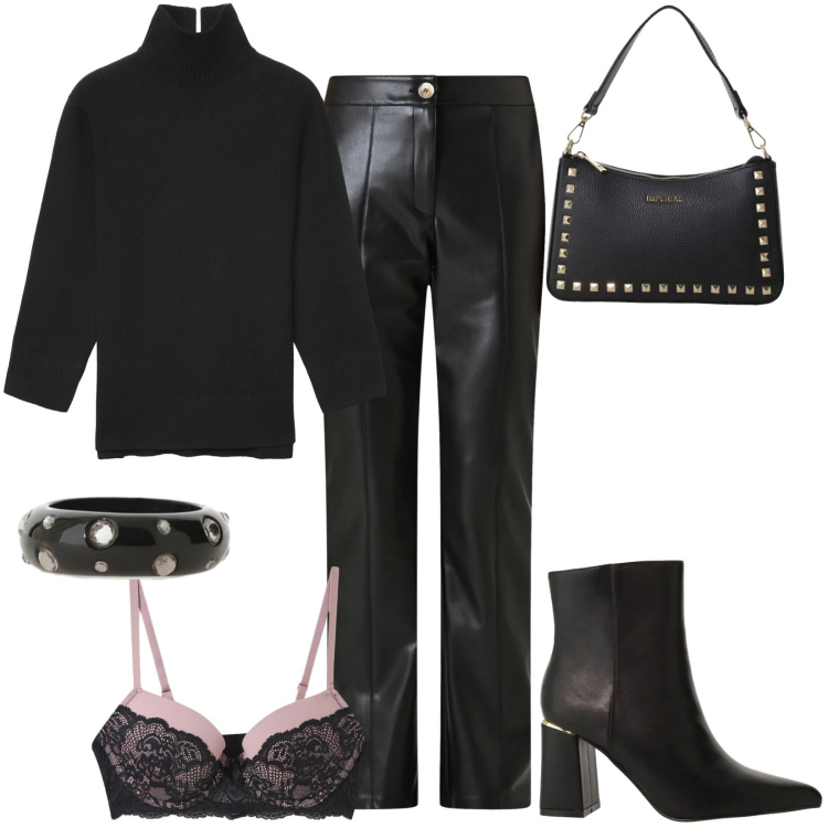 Outfit donna - Total look #2330849. Stile Casual chic per Serata fuori. Abbinamento con reggiseni push-up, maglieria, pochette, stivaletti, pantaloni, anelli.