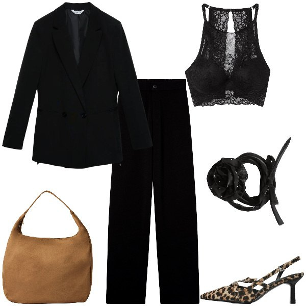 Outfit donna - Total look #2330858. Stile Sexy per Serata fuori. Abbinamento con bralette, pantaloni, blazer, borse a mano, décolleté, collane.