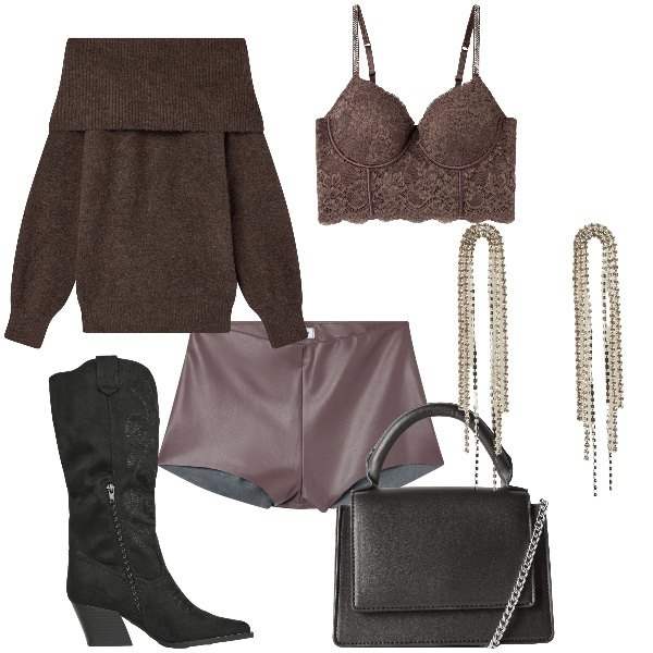 Outfit donna - Total look #2330868. Stile Sexy per Serata fuori. Abbinamento con orecchini, borse a tracolla, bralette, maglieria, shorts, stivali.