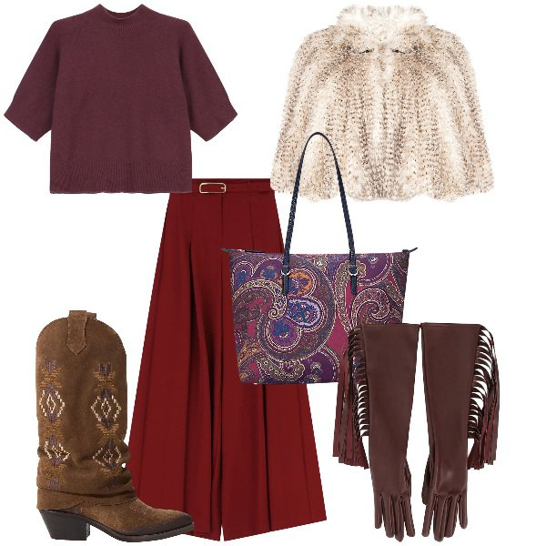 Outfit donna - Total look #2330875. Stile Boho per Serata fuori. Abbinamento con maglieria, pantaloni, ecopellicce, stivali, guanti, borse tote.