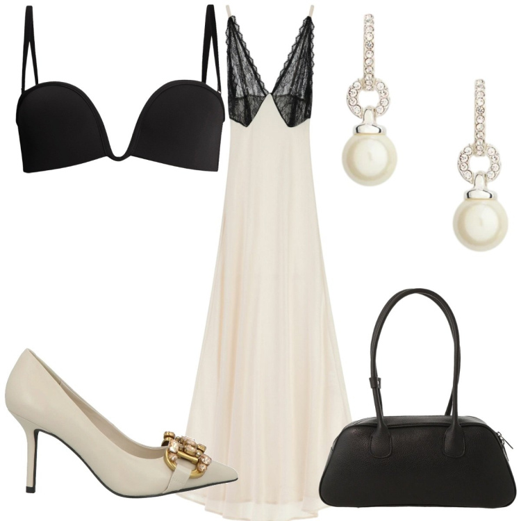 Outfit donna - Love in Black & White. Stile Glamour per Serata fuori. Abbinamento con décolleté, vestiti lunghi, borse a mano, reggiseni, orecchini.