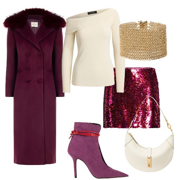 Outfit donna - Total look #2330877. Stile Glamour per Serata fuori. Abbinamento con stivaletti, minigonne, cappotti, borse a spalla, top, braccialetti.