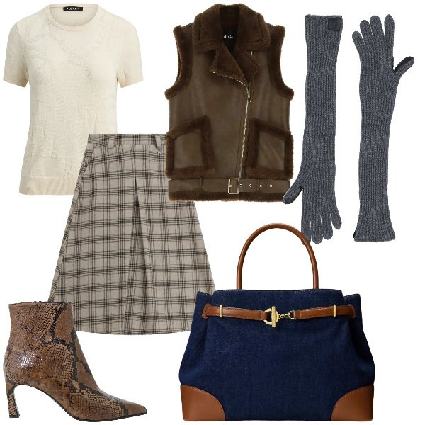 Outfit donna - Total look #2330881. Stile Trendy per Tutti i giorni. Abbinamento con guanti, stivaletti, gonne longuette, gilet, borse a mano, t-shirt.