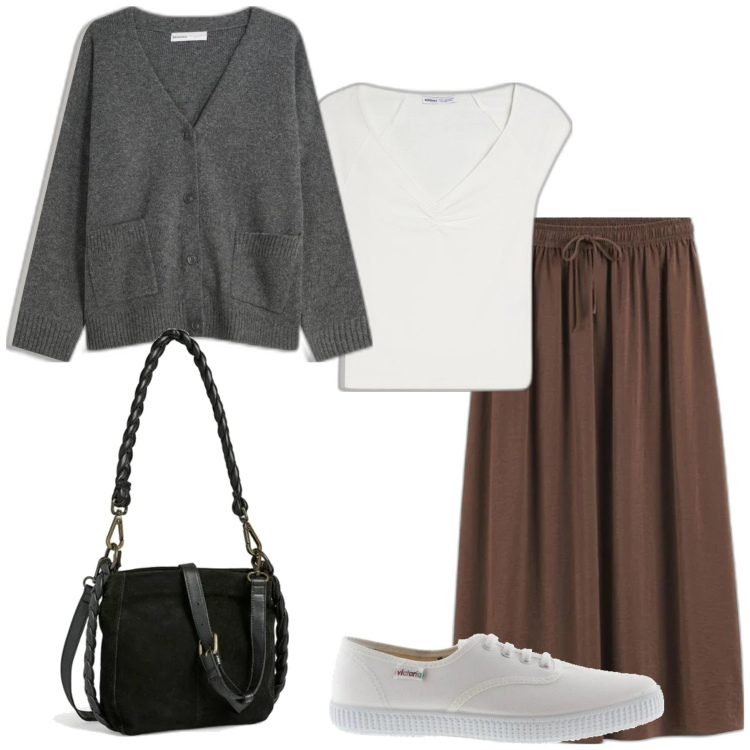 Outfit mujer - Sporty chic #342. Estilo Sporty chic para Todos los días. Combinación con sneakers, cárdigans, faldas, bandoleras, camiseta.