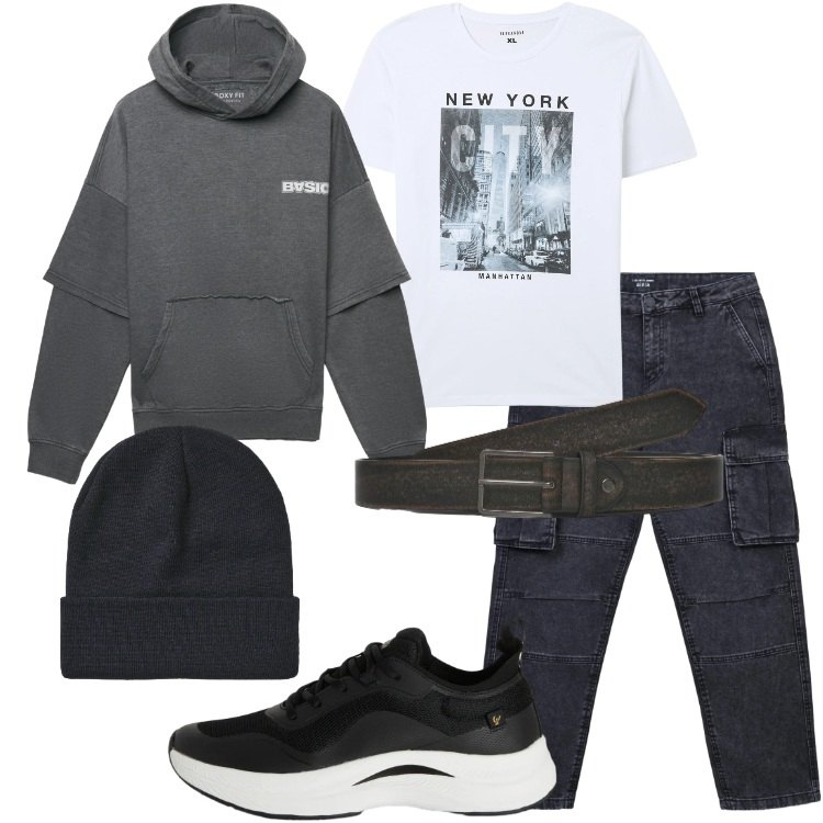Outfit uomo - New York City. Stile Urban per Tutti i giorni. Abbinamento con jeans, berretti, felpe con cappuccio, t-shirt, cinture, sneakers.