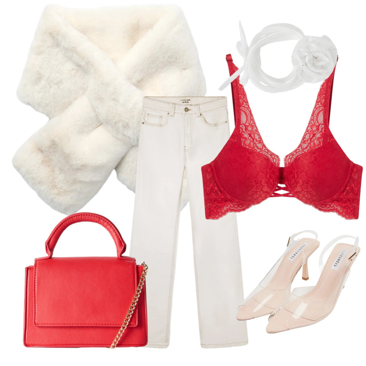 Outfit donna - Bianco e rosso. Stile Glamour per Serata fuori. Abbinamento con sciarpe, borse a tracolla, jeans bootcut, reggiseni, collane, sandali col tacco.