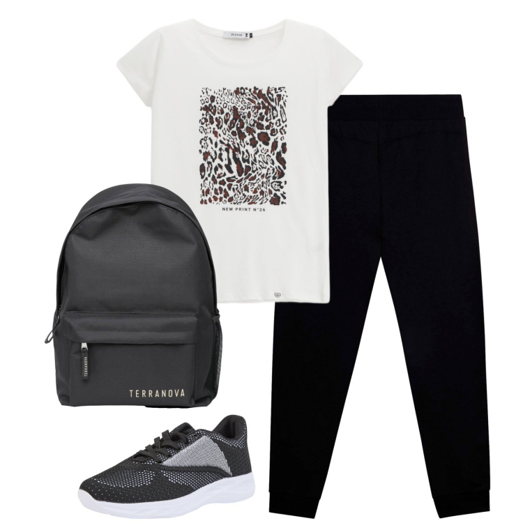 Outfit donna - Total look #2330893. Stile Sporty chic per Sport. Abbinamento con sneakers, zaini, t-shirt, pantaloni.